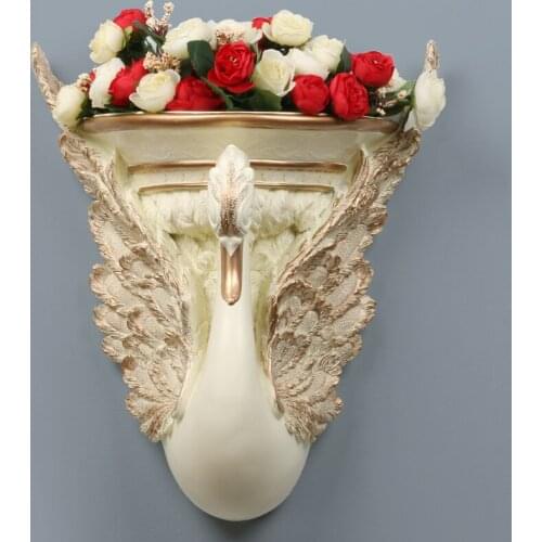 S/L Europe Luxury Home Wall Hanging Resin Swan Vase+Flower Decoration Crafts Wall Flower Spot Bedroom TV Background Mural Art