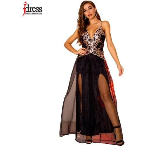 IDress Sexy Cross Back Backless Mesh Sequin Maxi Dress Women Summer Club Party Dress Woman Deep V Neck Elegant Maxi Long Dresses