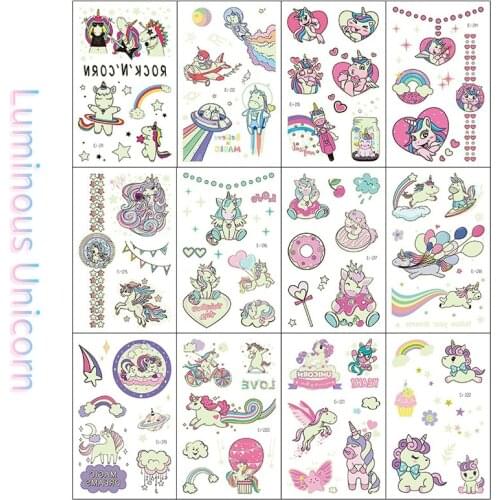 1pc Luminous Children Cartoon Unicorn Tattoo Set Temporary Tattoo Cute Color Fake Tattoo Children Full Body Waterproof Tattoo