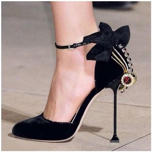 Butterfly-knot Heels Woman Party Dress Shoes Pink Black Satin Ankle Strap Bowtie Shoes Elegant Crystal Embellished Heels Pump