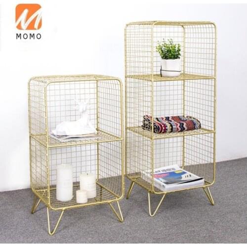 Nordic Style Gridding Corner Book Shelf Bedroom Nightstand Golden Metal Storage Rack