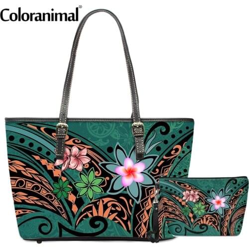 Coloranimal Samoan Hawaiian Polynesian Plumeria Print Women PU Shoulder Bag Large Ladies Crossbody Bag 2Pcs/Set Tote Bag&Wallet