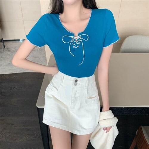 Woman Tshirts 2021 Summer Korean Style Lace-up Bow V Neck Short Sleeve T-Shirt Casual Tops T597