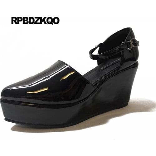 Patent leather size 33 high heels pointed toe 4 34 ladies luxury european pumps 2019 women platform shoes wedge wine red black