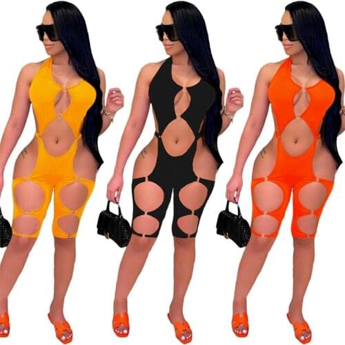2021 Women Sexy Hollow Out Halter Lace Up Jumpsuit Holes Backless Skinny Knee Length Pants Romper Night Club Playsuit