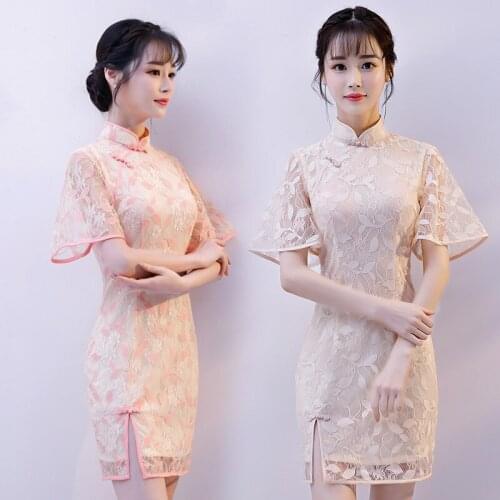 Women Elegance Chinese Traditional Dress Female Lace Short Slim Cheongsam Lady Ancient Qipao Girl Evening Party Mini Dresses