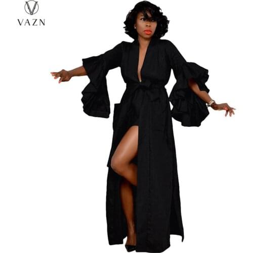 VAZN 2021 Autumn Chiffon Solid Long Dress Young Sweet Sexy Club Style Full Puff Sleeve High Waist Young Vestidos For Female