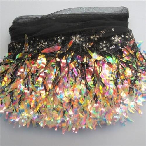 2 Meter 15cm Black Sequins Mesh Lace Fabric Trim Ribbon Tassel Fringe Edge Embroidered Sewing Craft Wedding Prom Party Halloween