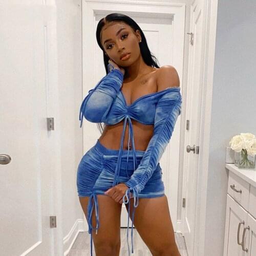 2020 Sexy Off Shoulder Two Piece Set Tie Dyeing Print Bodycon 2 Piece Set Women Long Sleeve Crop Top And Skirt Summer Sets