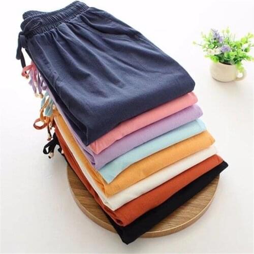 Oversized 4XL Womens Cotton linen Harem pants Summer Loose Elastic waist Belt pocket Ladies nine pants Solid Casual Trousers