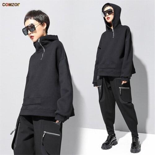 Fleece pullover women hoodie long sleeve zipper thick hooded sweatshirt punk DJ streetwear hoodies fashion clothing black