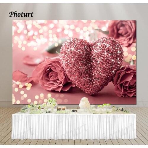 PHOTURT Heart Shaped Sequin Backdrop Birthday Wedding Party Photo Background Pink Glitter Banner Vinyl Photography Props