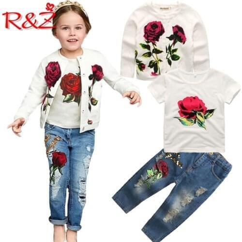R&Z Girls Clothes Set Spring Autumn New Brand Fashion Rose 3pcs 2-9Y Kids long sleeves flower Children Clothing set k1