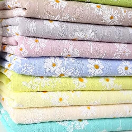 Soft Stripe Jacquard Fabric Daisy Flower Printed Cotton Fabric for Women Dress,Shirts Cloth White Blue Pink Apricot by the meter