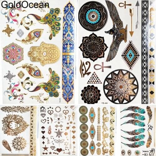 Eagle Henna Mandala Flower Golden Metal Tattoo Stickers Body Hand Art Temporary Tattoo Hamsa Women Makeup Tip Fake Tatoos Chains
