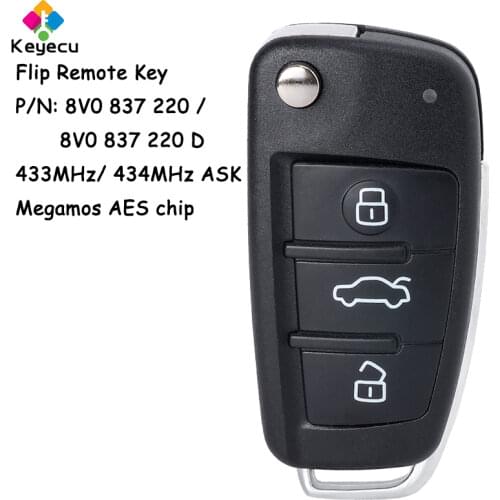 KEYECU Flip Remote Control Car Key With 3 Button ASK 433MHz Megamos AES Chip - FOB for Audi A3 S3 2012 2013 2014 2015, 8V0837220