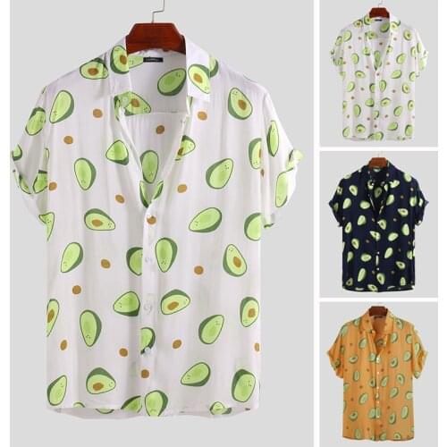 INCERUN 2021 Summer Mens Shirt Avocado Printed Lapel Neck Short Sleeve Casual Tops Beach Hawaiian Shirts Men Streetwear Camisa