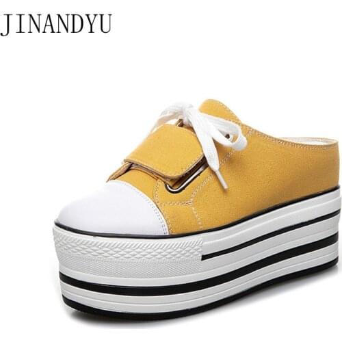 Half Slippers Women Wedge Canvas Shoes Platform Women Shoes Casual Summer Slippers Black Yellow High Heels Women Slippers