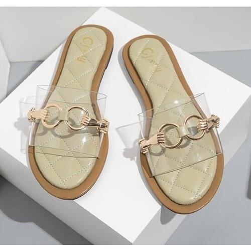 Summer Female Flip Flops 2021 Metal Chain Womens Slippers Fashion Transparent Flat Outside Beach Shoes Leisure Woman Slides