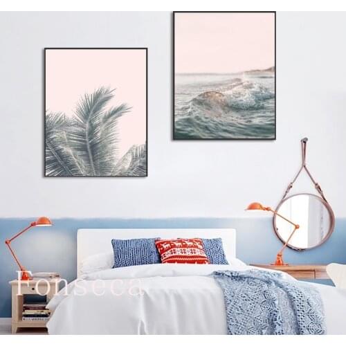 Modern Tropical Plants Poster Wall Decor Art Pink Palm Leaf Canvas Painting Ocean Beach Seascape Wall Pictures for Living Room