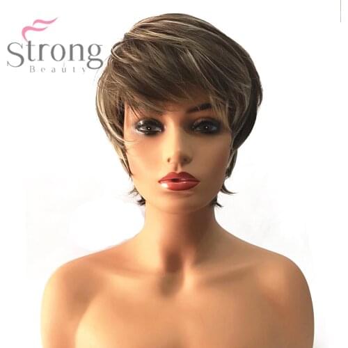 StrongBeauty Womens Synthetic Wig Short Pixie Cut Ash Brown/Bleach Blonde Highlighted/Balayage Hair Natural Wigs