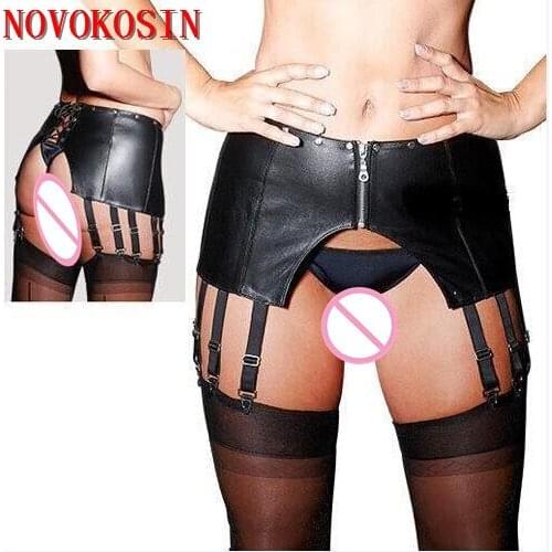 KH14 Good Soft Faux leather Front Zipper Women Underwear Lady Night Club Back Lace Up Dance Sexy Panties Garter with G String