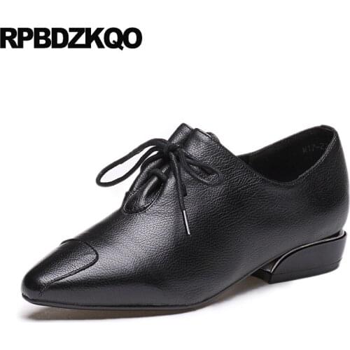 Genuine Leather Medium Heels 2018 Autumn Square Toe Low Block Lace Up Oxford Shoes Brand Handmade Pumps High Italian Black Women