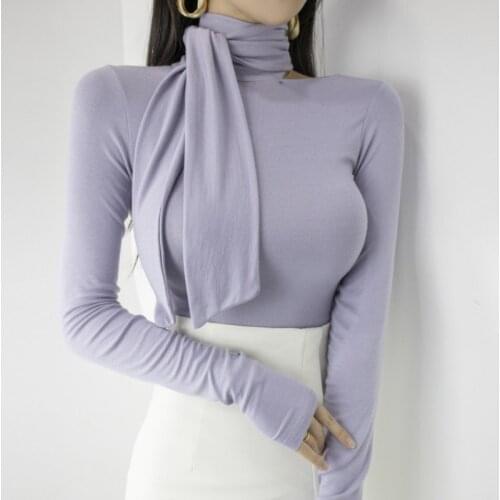 Spring new Korean slim slim high collar stand-up collar tie bottoming shirt long-sleeved T-shirt top2021