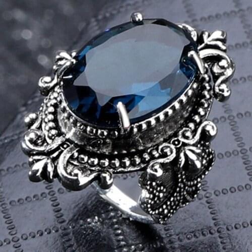 Vintage Large Blue Zircon Stone Fashion Ring Wedding Band Silver Jewelry Female Finger Ring Party Engagement Retro