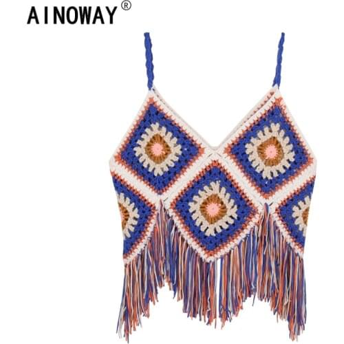 Vintage chic fashion women hollow out embroidery sleeveless crop tops beach bohemian vest boho tassel knitted camis