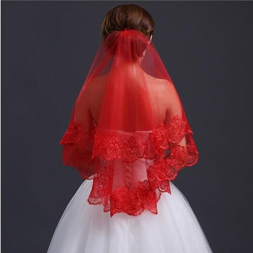 YUNUO Womens 150cm Bridal Long Wedding Veil One Layer Lace Edge Appliques Red
