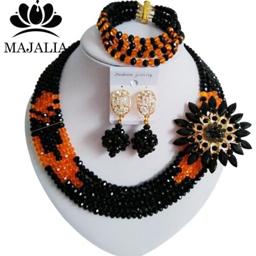 Majalia Fashion Nigeria Wedding African Beads Jewelry Set Black and Orange Crystal Necklace Bridal Jewelry Sets 5VU048