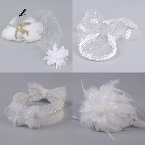 4design Women White Headband Fascinators Flowers Church Lace Feathers Veils Hair Band Cocktail Weddings Party