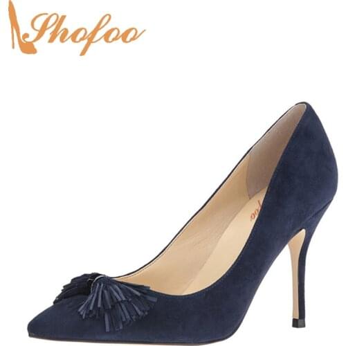 Women Navy Blue Fringe Shoes Women Dress Pumps Kim Superstar Shoes Top Quality Sapato Azul Mari Shoes Size 45 46 Shofoo 2021