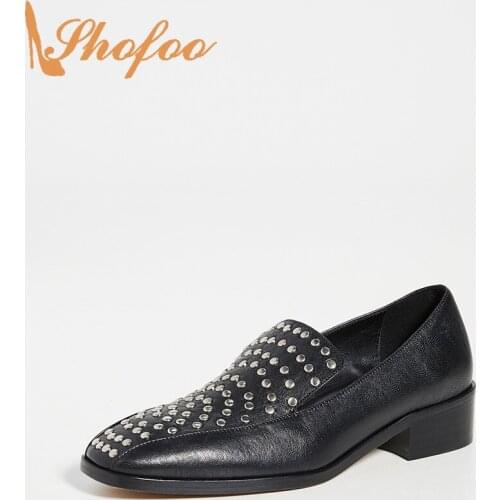Black Med Stacked Heels Square Toe Pumps Woman Loafer Silver Rivet For Ladies Office Fashion Mature Shoes Big Size 13 15 Shofoo