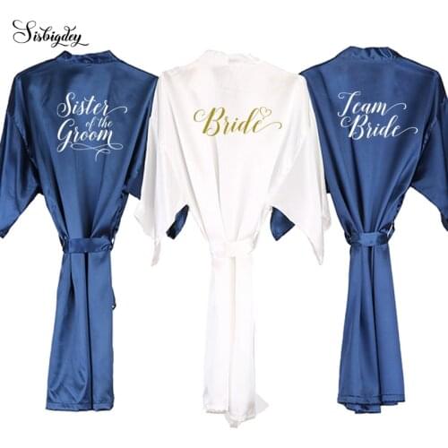 Sisbigdey navy blue robe white writing kimono satin robe bridesmaid sister of the bride robes wedding best gift drop shipping