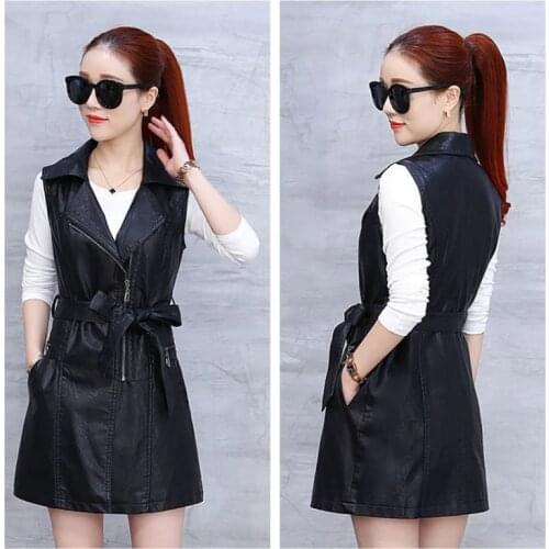 Mid-length Leather Vest Female 2020 Spring And Autumn New Leather Jacket Womens Clothing Slim Sleeveless Leather Fashion Coat