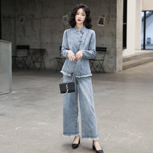 2021 Female Autumn Casual Denim Wide-leg Pants Suit Women New Korean Thin Fashion Western Style Loose Size Two-piece Suit C318