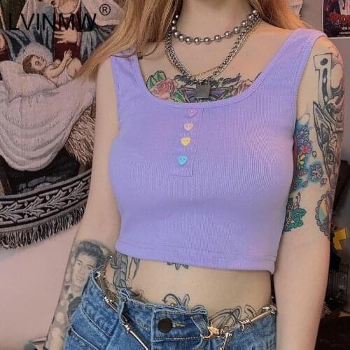 LVINMW Multicolor Button Slim Crop Tops 2019 Women Sleeveless O Neck Tank Tops Fashion Female Purple Skinny Bralette Streetwear