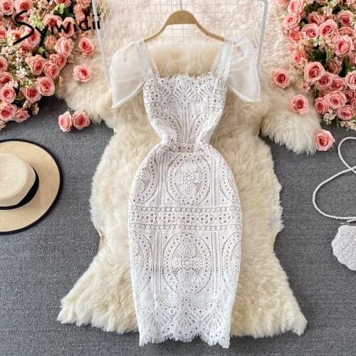 Syiwidii White Lace Dresses for Women Summer 2021 New Puff Sleeve Square Collar Back Zipper Hollow Out A-Line Evening Midi Dress