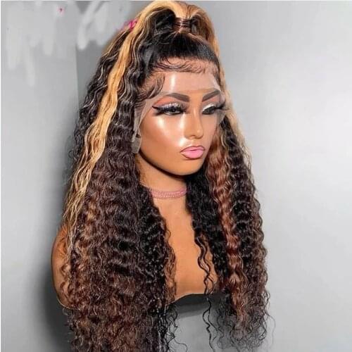 13*6 Deep Lace Front Human Hair Wigs for Black Women Highlight Ombre Blonde Brown Brazilian Curly Hair Lace Frontal Wigs