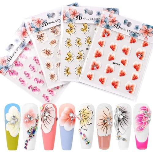 1pc 3D Acrylic Engraved Nail Sticker Embossed White&Pink Color Flower Water Decals Empaistic Nail Water Slide Decals Z0342