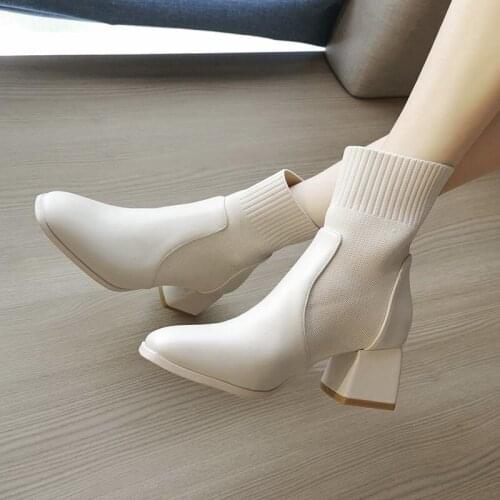 56Ankle Boots For Women Square Toe Fashion Shoes Plush Warm Winter Short Boots Zipper Square Heels Comfortable Lady Shoes