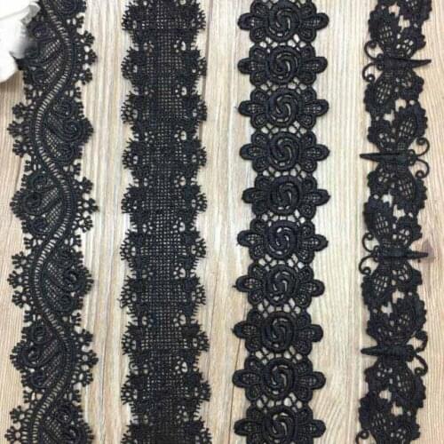 Free Shipping 15yds 4 Styles Water Soluble Black Flower Lace Trims DIY Craft Textile Lace Applique Patch For Garment Accessorie