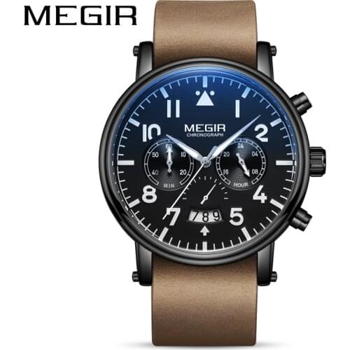 MEGIR Chronograp Watch Men Military Sports Waterproof Wristwatch Man Top Brand Luxury Male Clock Genuine Leather Horloges Mannen