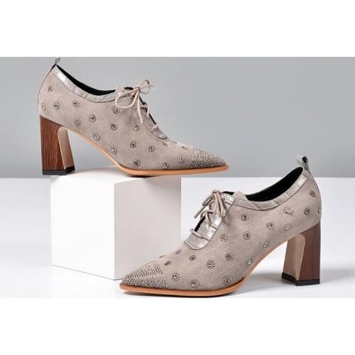 Kid Suede Lace Up High Heels Shoes Woman Sexy Pointed Toe Special Fabric Wood Heels Pumps Women 2021 Elegant Party Pumps