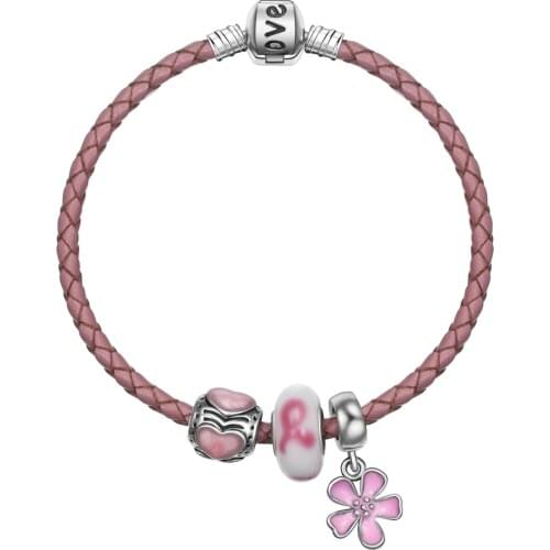 Elegant Leather Bracelet Pink Flower Pendant Charms Beads Bangle For Womens Gift Jewelry