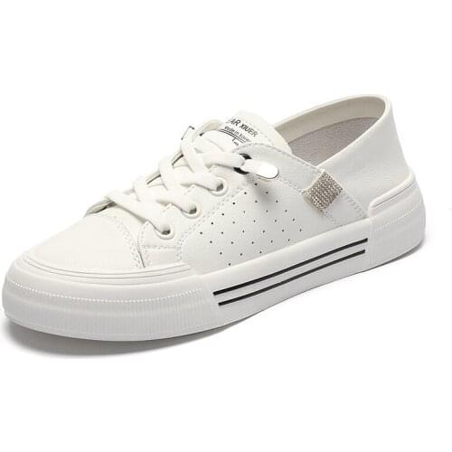 Leather low-top flat bottom womens white shoes sneakers one-foot casual womens shoes soft-soled work shoes