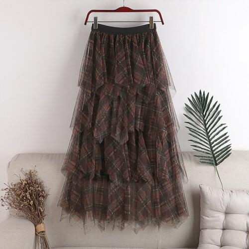 Elastic waist multi-layer gauze plaid stitching cake skirt skirt 2020 Autumn Winter new high waist was thin mid-length A skirt