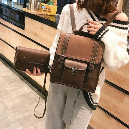Fashion 2 PCS/SET Leather Women Backpacks for Teenager girl Female BackPack Large Capacity Pu Travelling Bags Vintage School Bag